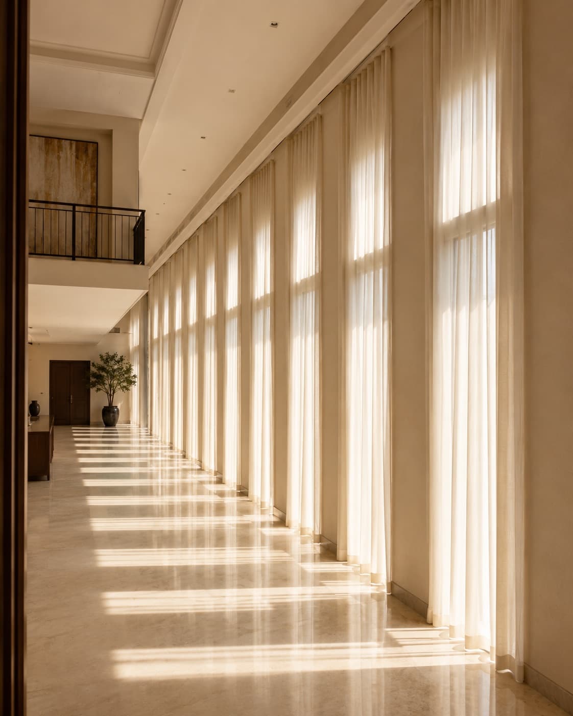 Long villa gallery with a run of full-height curtained windows
